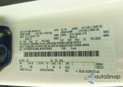 2020 Ford F-150 Lariat from USA, damaged, VIN 1FTEW1E45LKD37553